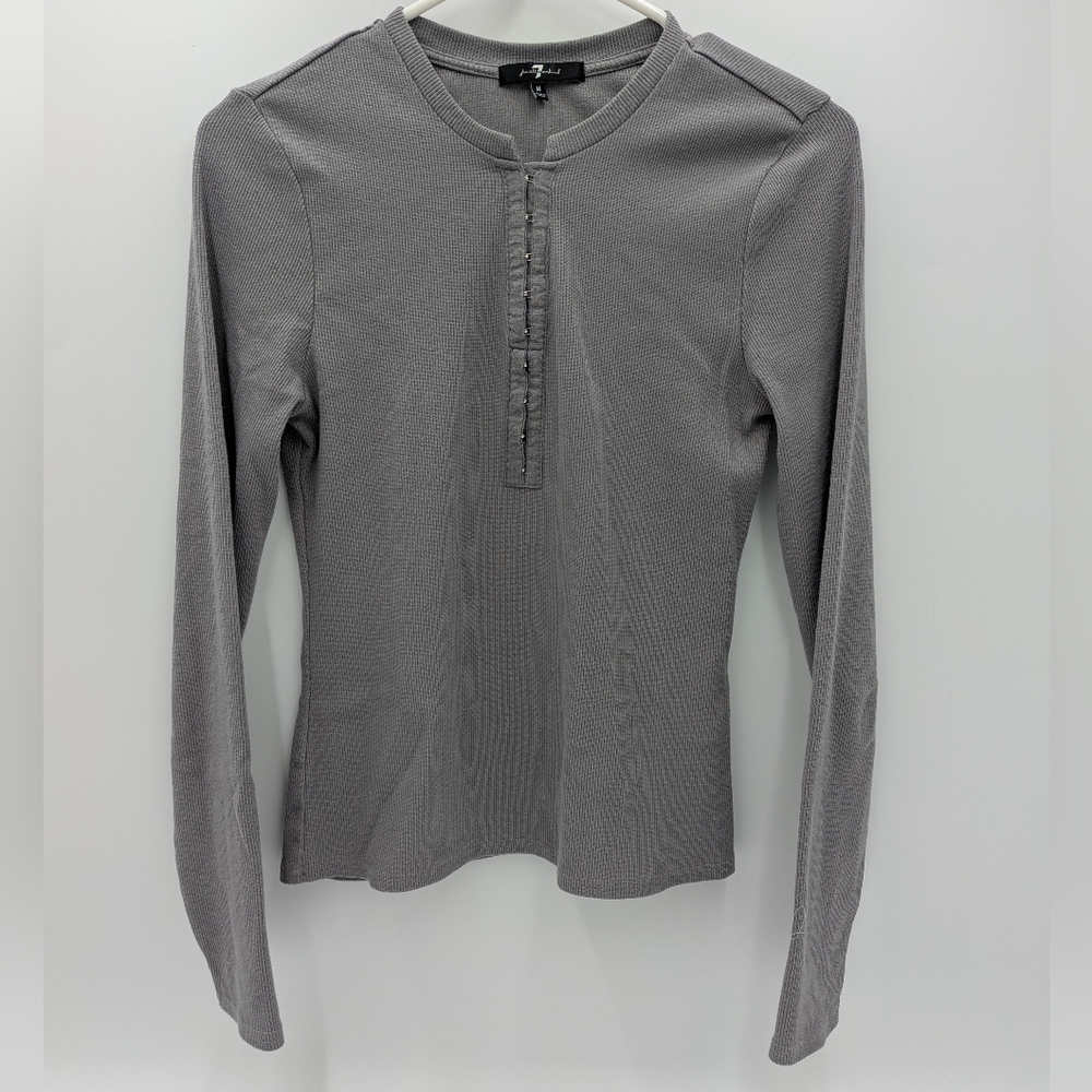 7 For All Mankind Grey Ribbed Hook and Eye Long Sleeve Henley Shirt Medium Y2K
